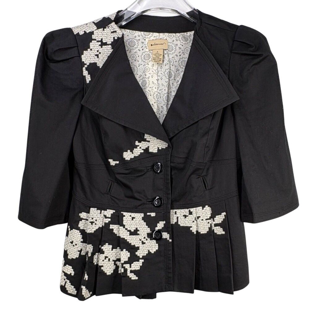 Anthropology Elevenses Blazer Jacket Size 4 Embroidered 3/4 Sleeve Black Buttons